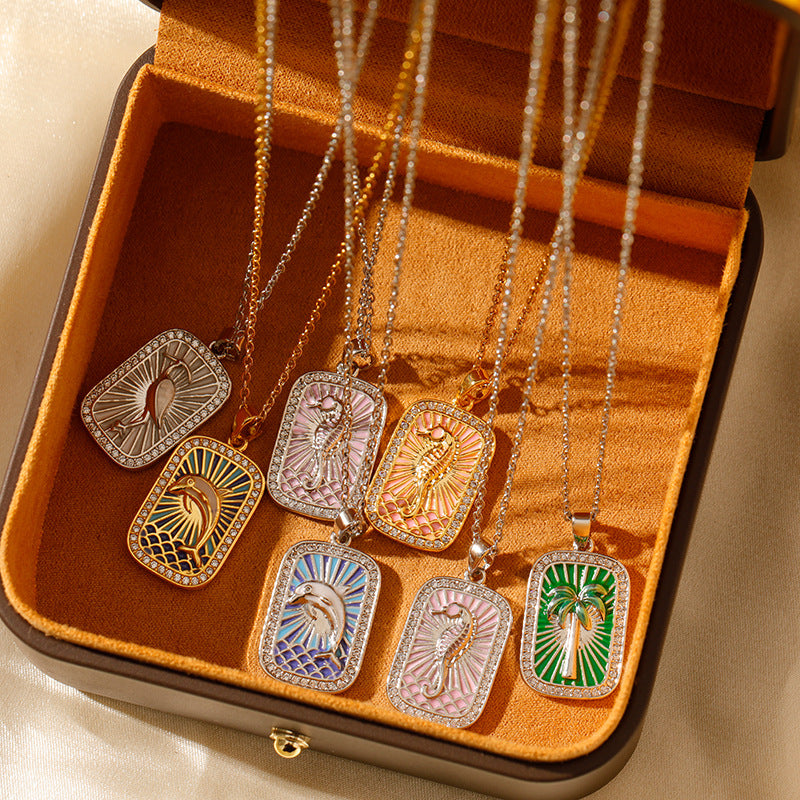 Wholesale Stainless steel Color Tarot Necklace Square Zirconium Pendant  Dolphin Brown Tree Marine  Clavicle Chain