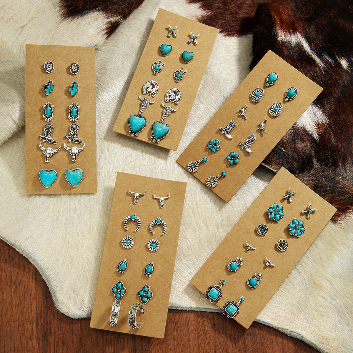 Wholesale Western-style turquoise heart earrings 6-piece set