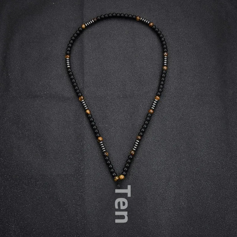Wholesale Fashion Men's Black Obsidian Frosted Tiger Eye Stone Red Iron Mineral Ten Crosses Necklace