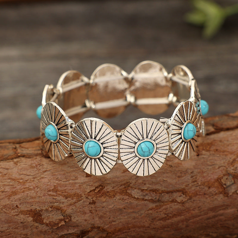Wholesale Retro Turquoise Western Style Stretch Bracelet Silver Tone Alloy Jewelry Boutique Resale Gift