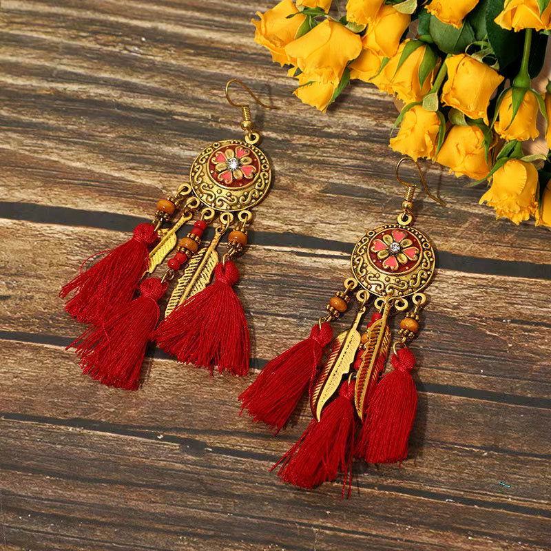 Wholesale Alloy Diamond Cut Bohemian Tassel Earrings Ethnic Style Fashion Accessory