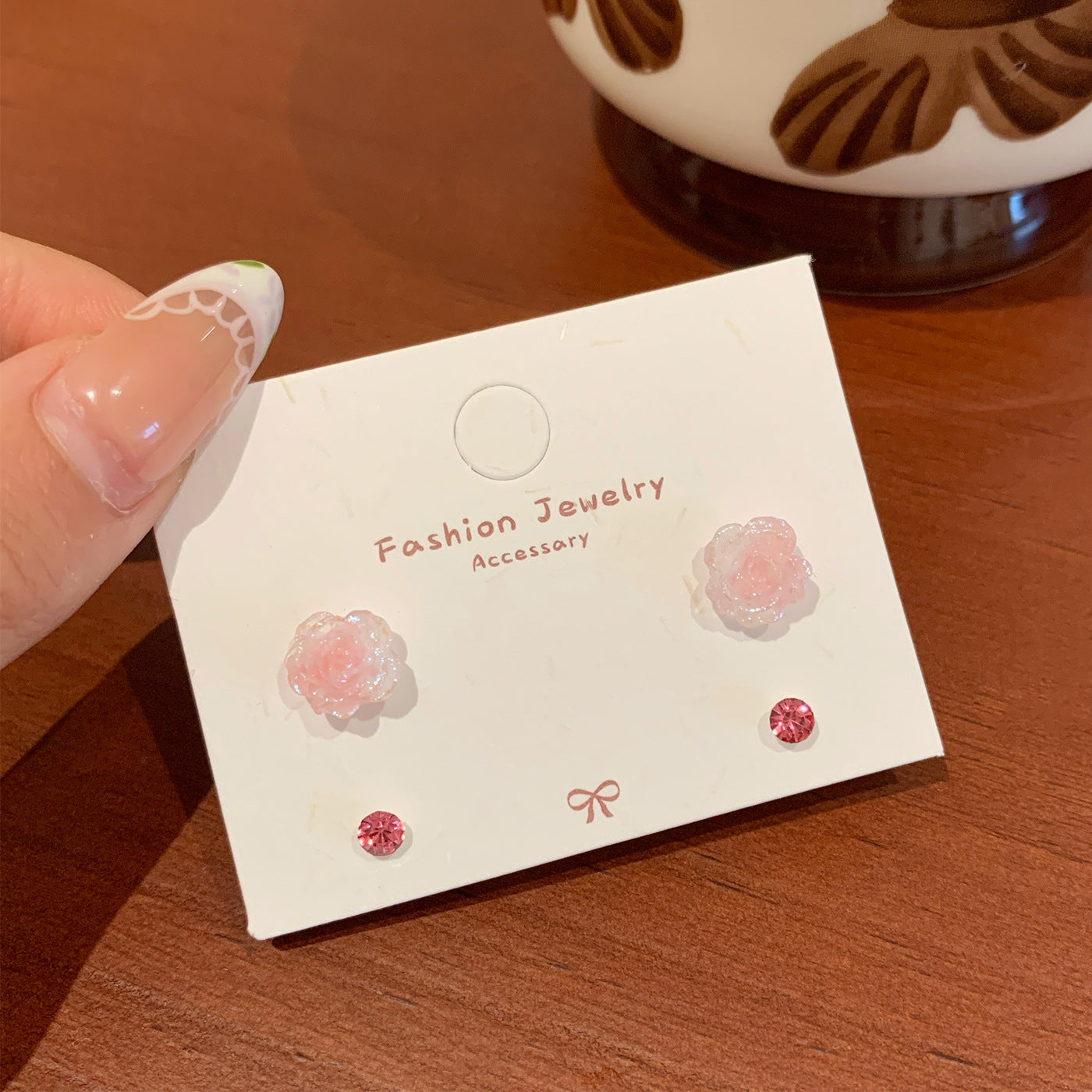 Wholesale Summer Super Fairy Color Resin Rose Zircon Earrings  Silver Needle