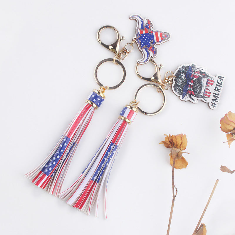 Wholesale American Independence Day Wooden Sign Tassel Keychain ACC-KC-GuangTian055