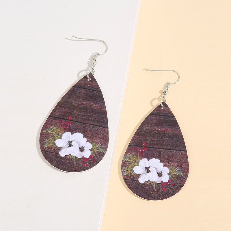 Wholesale Retro Large Water Drop Wooden Leather Earrings