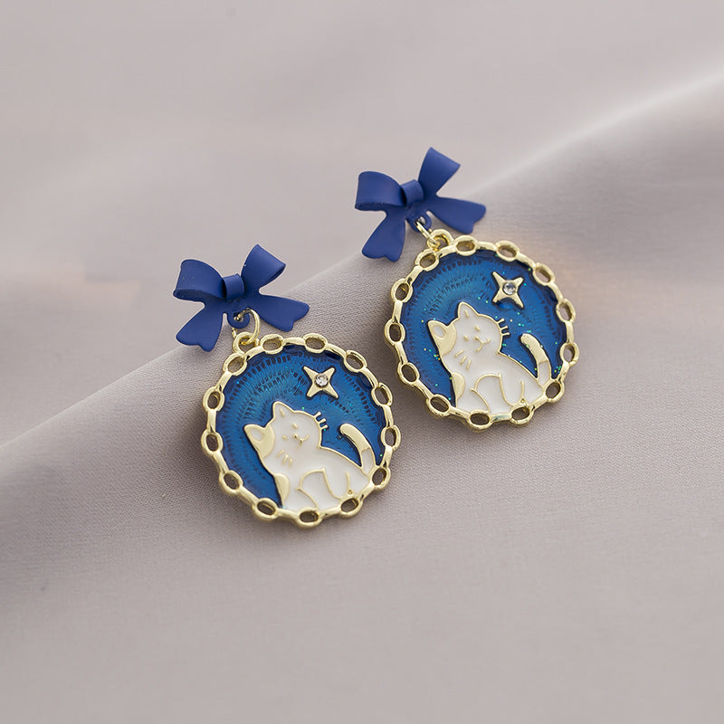 Wholesale Alloy Blue Bow Cat Earrings Japanese Style Clip On Cute Kitten Design Everyday Gift