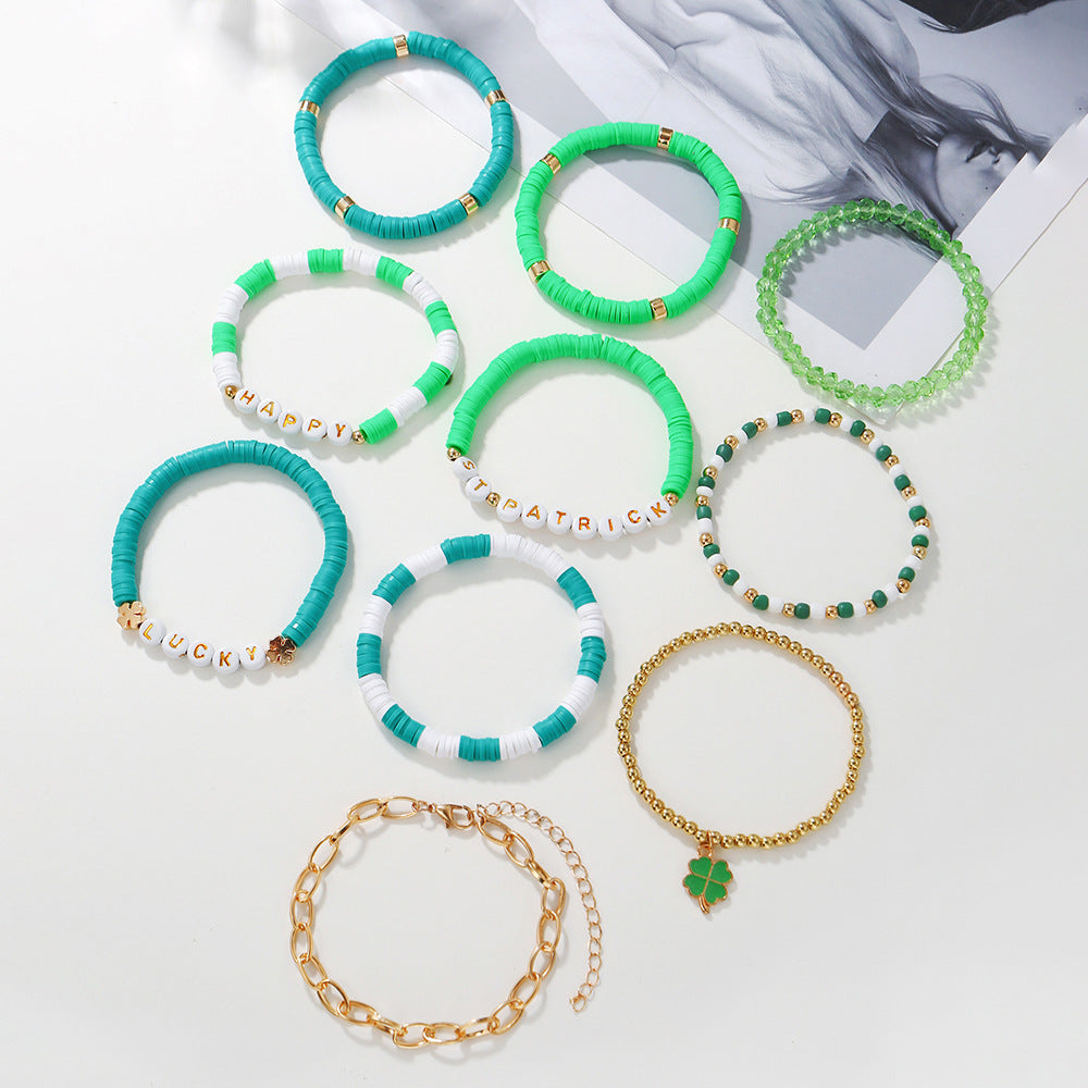 Wholesale St Patrick's Day  green four-leaf clover pendant  bracelet suit