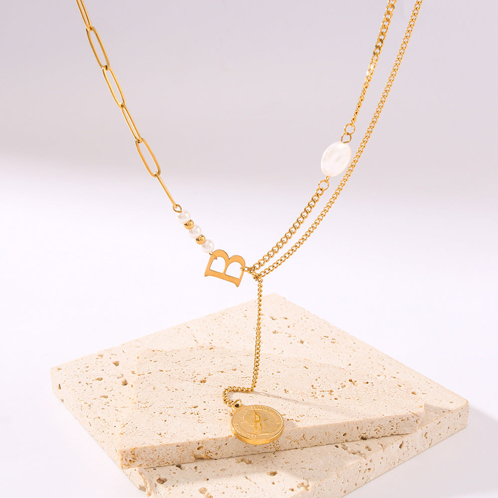 Wholesale  Baroque Goddess Head Pendant Flat Pearl Letter Asymmetric Double Chain Necklace