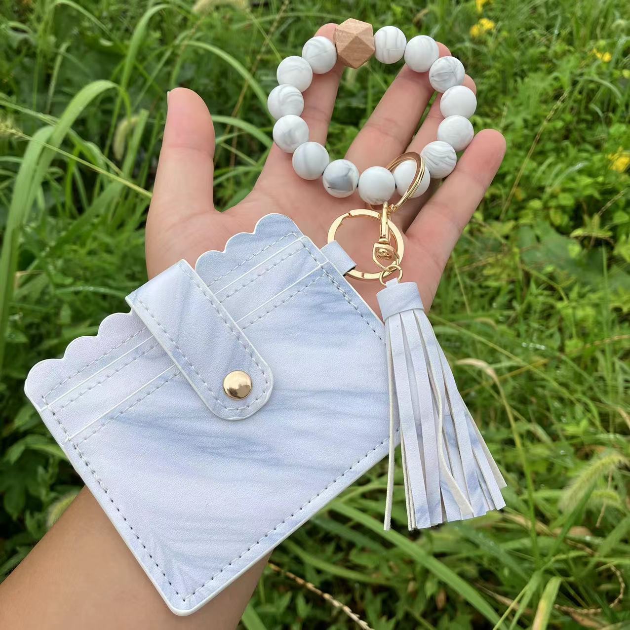 Wholesale Leopard Plaid Butterfly Card Holder Silicone Beaded Wristlet Keychain ACC-KC-QiuXue012