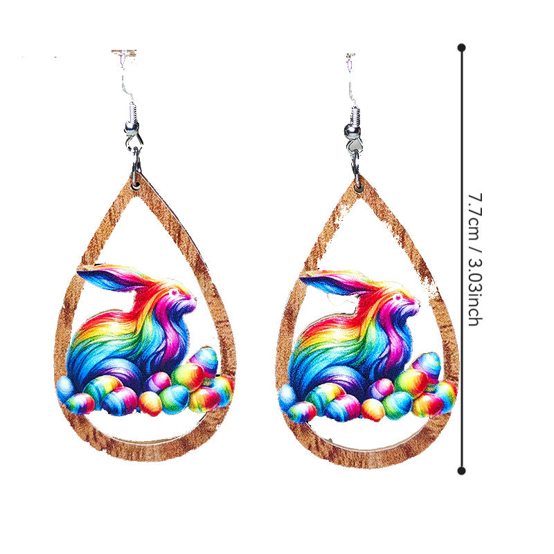 Wholesale Easter Earrings Cute Colorful Rabbit Egg Hollow Wooden Earrings