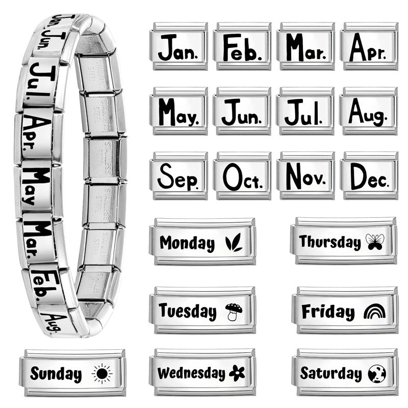 Wholesale Italian Calendar-Themed DIY Modular Bracelet Black White Stainless Steel for Jewelry Accessory Everyday Wear