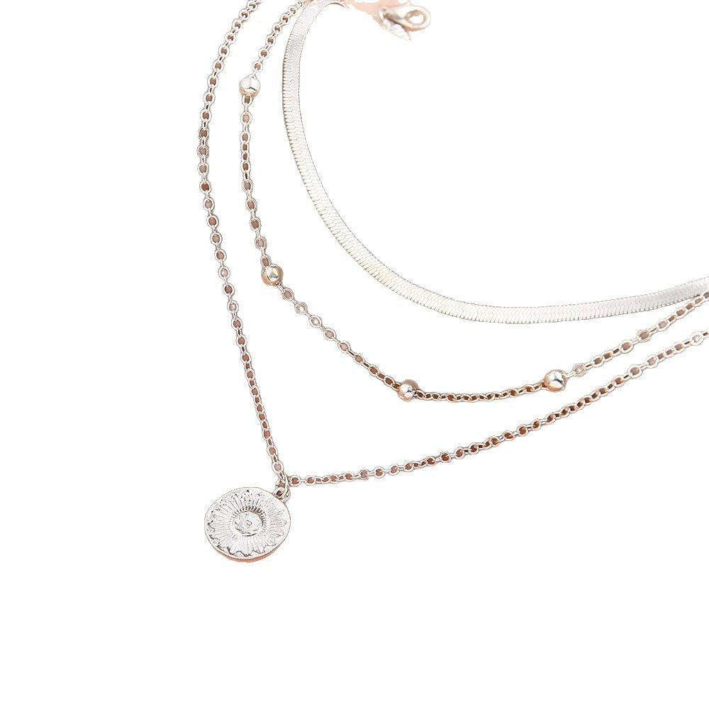 Wholesale gold beads flat snake chain round piece three-layer necklace