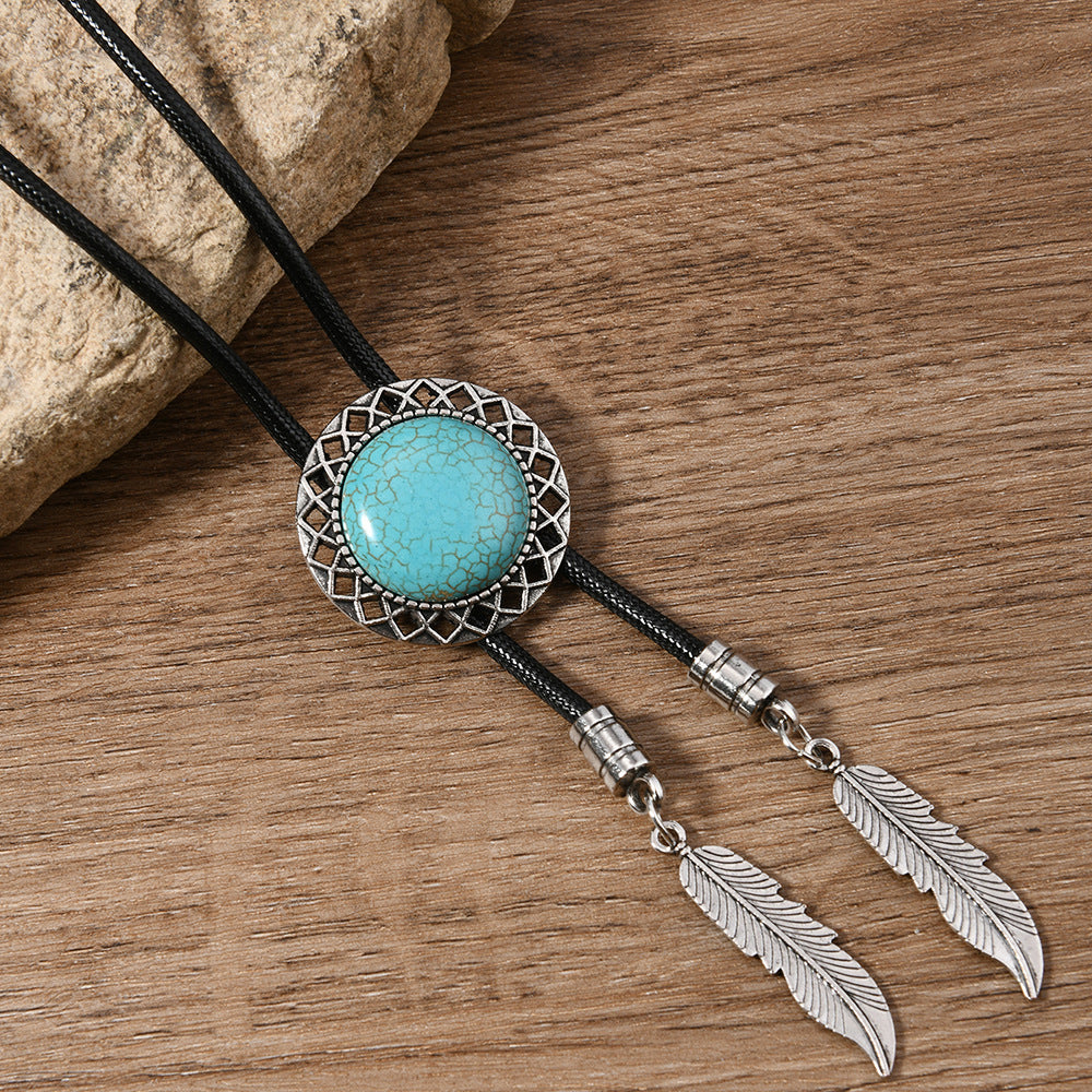 Wholesale Vintage Style Floral Five Pointed Star Cross Disc Bull' s Head Leather Necklace inlaid With  Turquoise