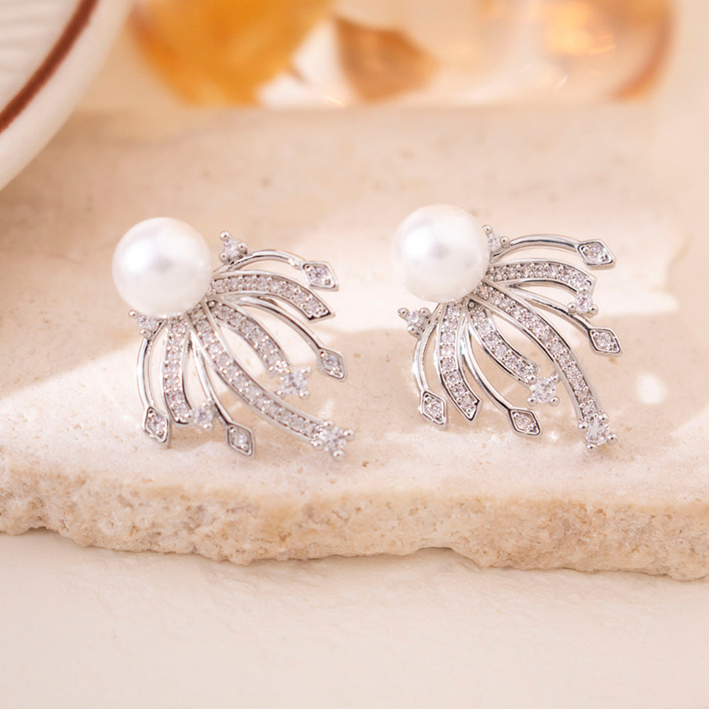 Wholesale Silver Needle Zircon Fireworks Pearl Earrings