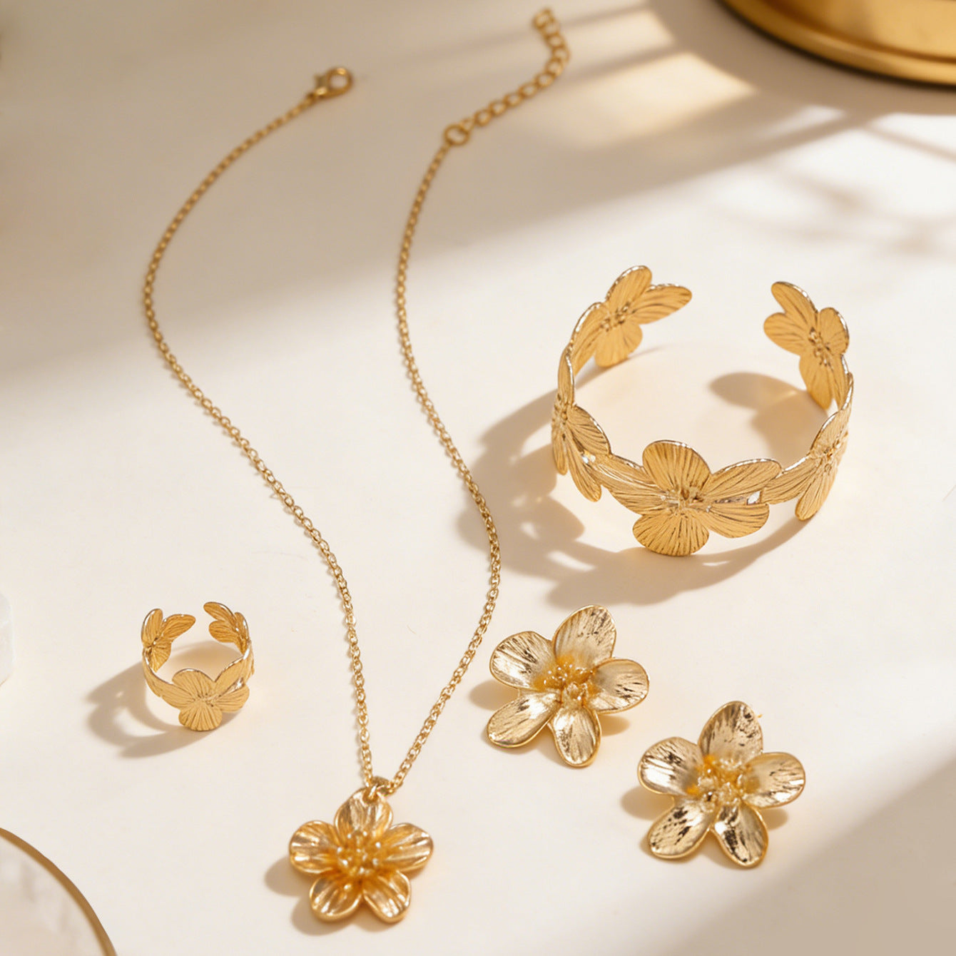 Wholesale Gold Camellia Flower Jewelry Set Necklace Earrings Bracelet Party Wear Boutique Resale