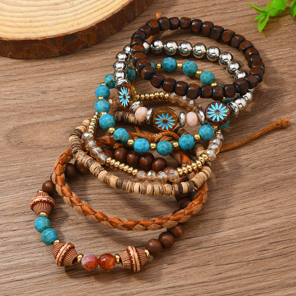 Wholesale Bohemian Multi-Layer Braided Bracelet Vintage Turquoise Tassel Beads Trendy Jewelry Accessory for Women