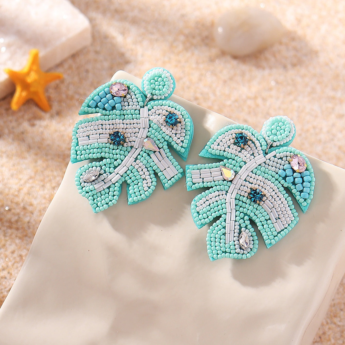 Wholesale Bohemian Leaf Fabric Rice Bead Earrings