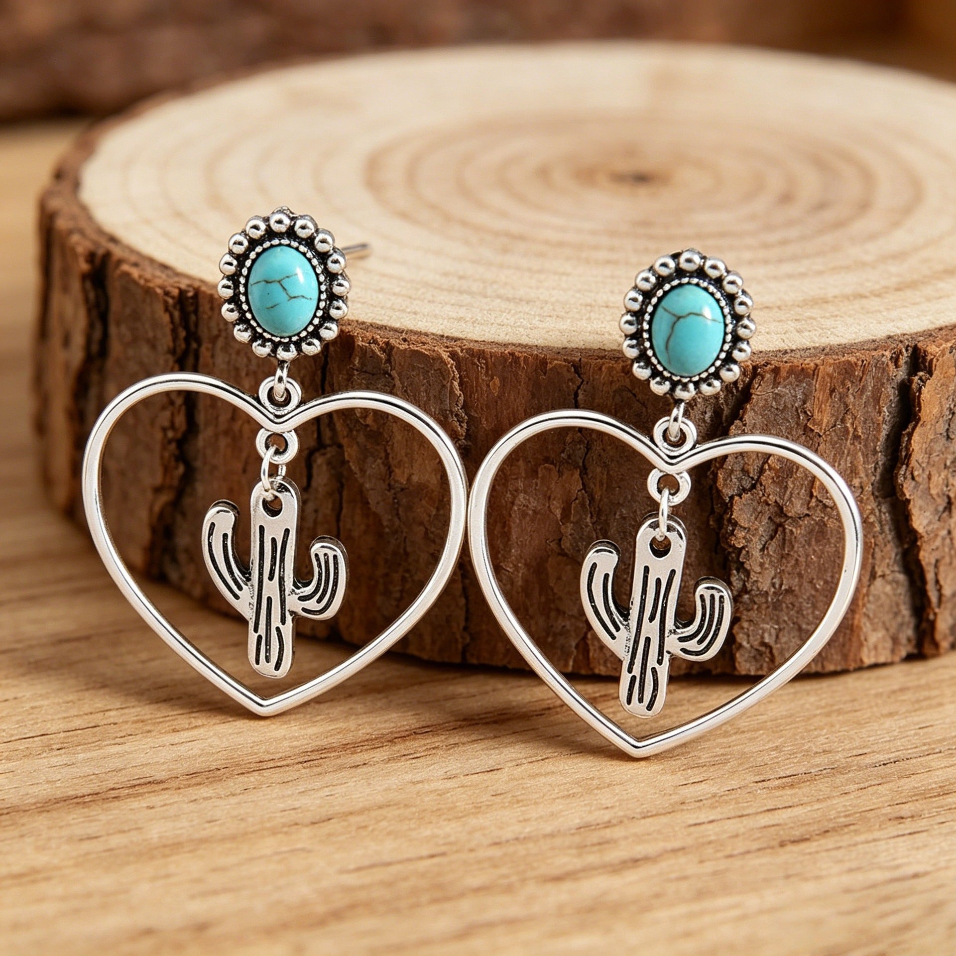 Wholesale Retro Heart Cactus Turquoise Earrings - Trendy Fashion Accessory for Gift or Boutique Resale
