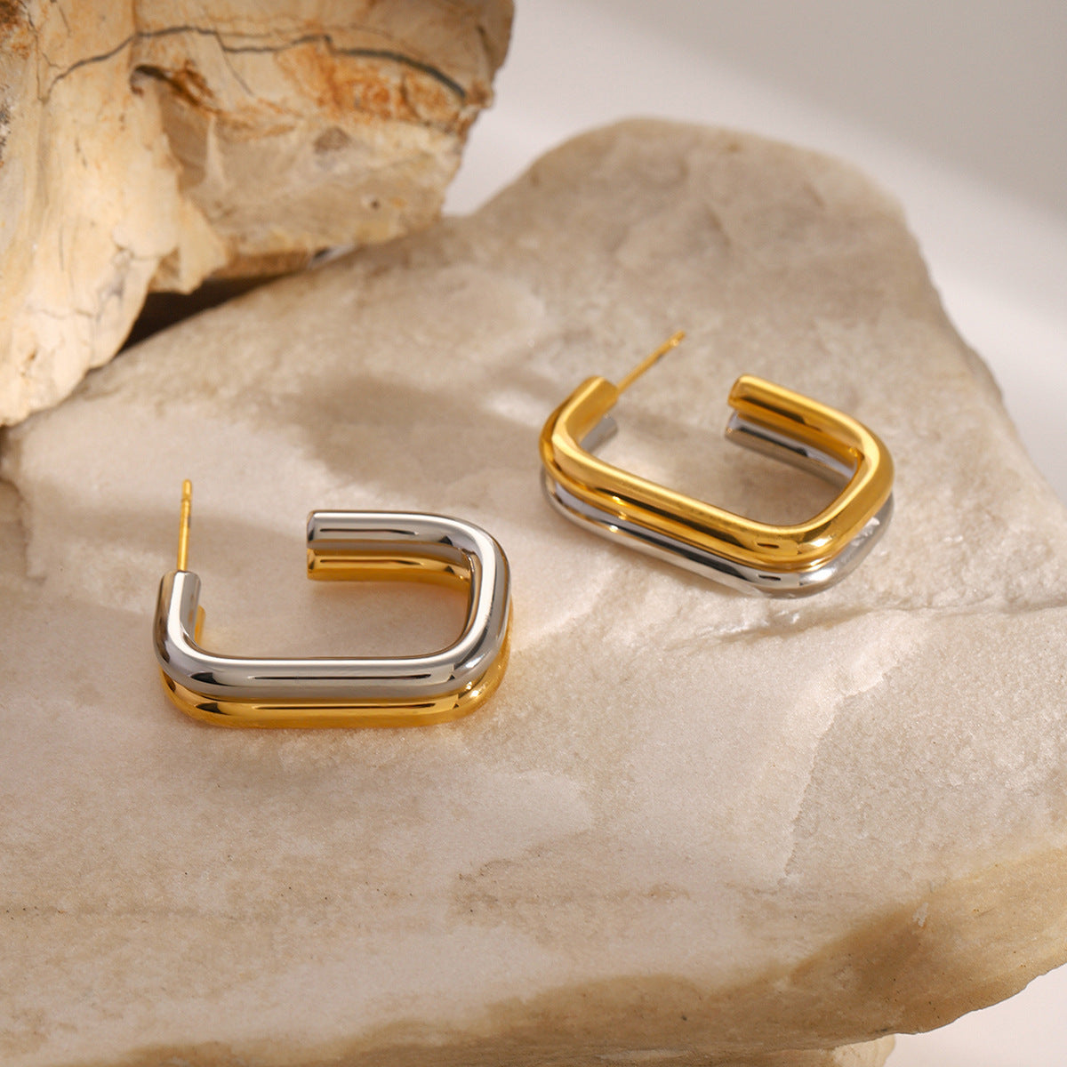 Wholesale  18K gold stainless steel gold and silver color matching square retro  earrings