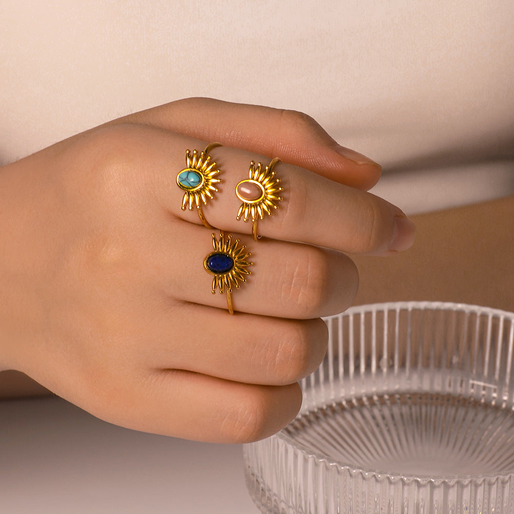 Wholesale Stainless Steel Sun Shape Inlaid Natural Stone Open Rings ACC-RS-XinY012