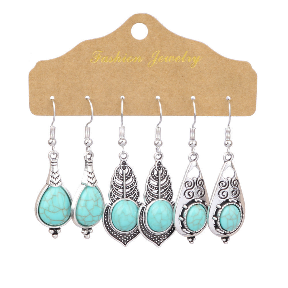 Wholesale Bohemian turquoise water drop flowers geometric earrings set