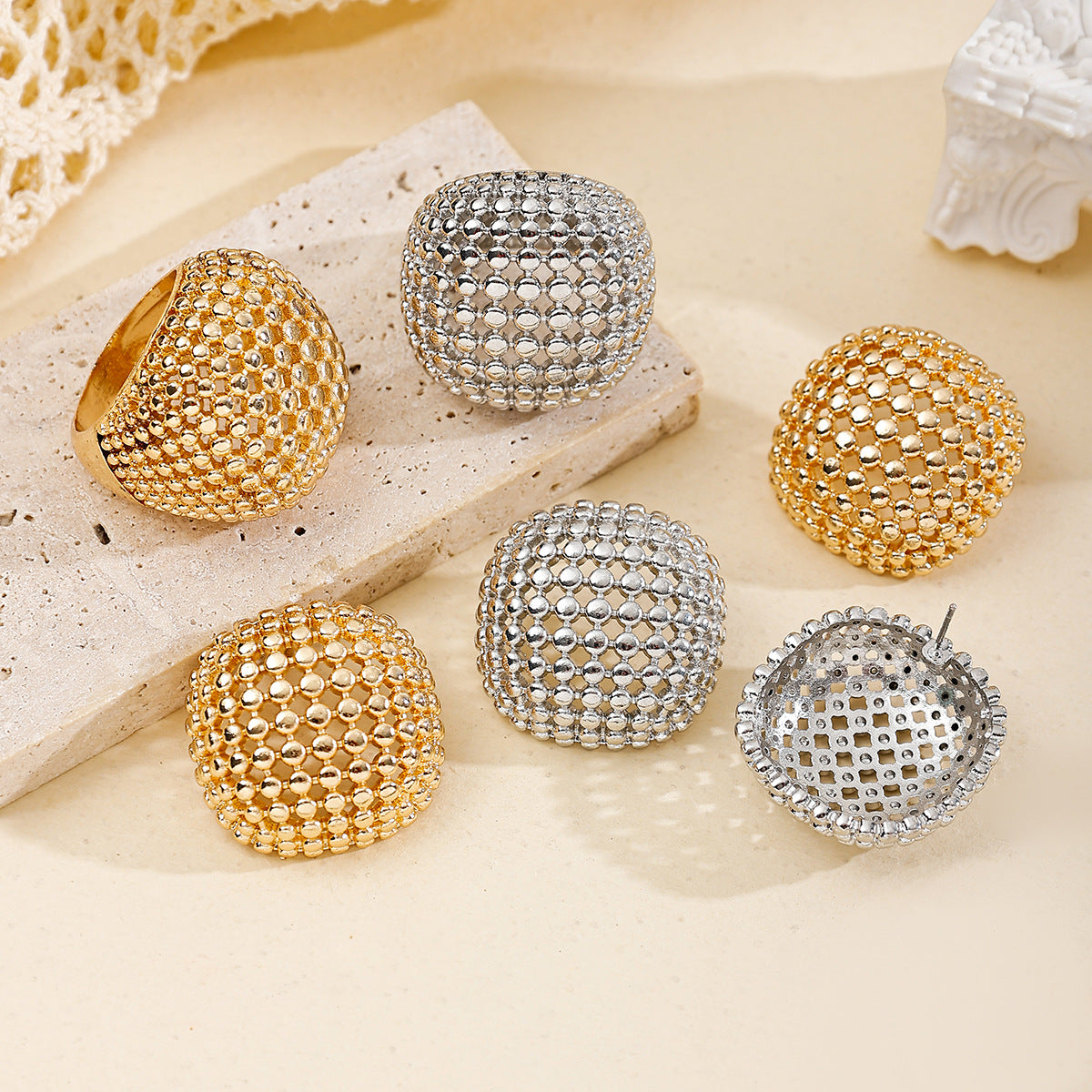 Wholesale  Retro Ring suit  Geometric Hollow  Round Bead Metal Earrings Jewelry