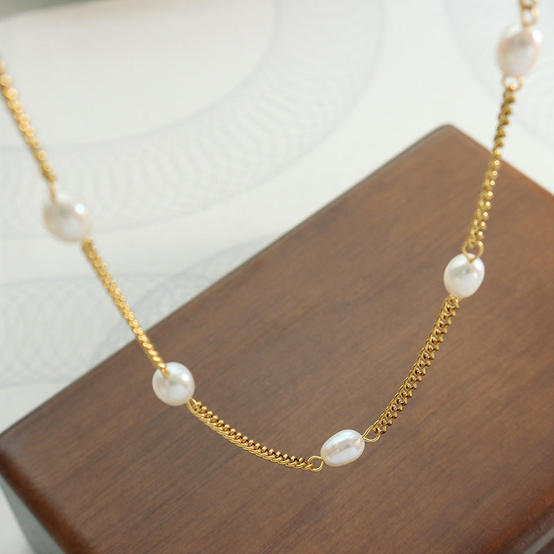 Wholesale Titanium Steel Gold Plated Natural Freshwater Pearl Choker Necklace Chic Everyday Jewelry For Women