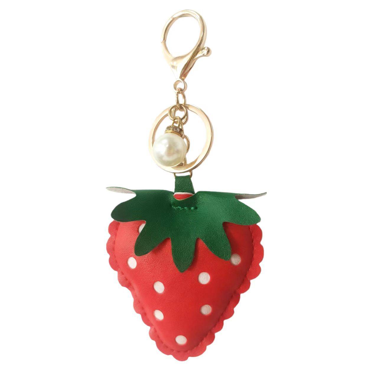 Wholesale Korean Style Cute Strawberry Keychain With Green Leaf PU Leather Car Key And Bag Accessory