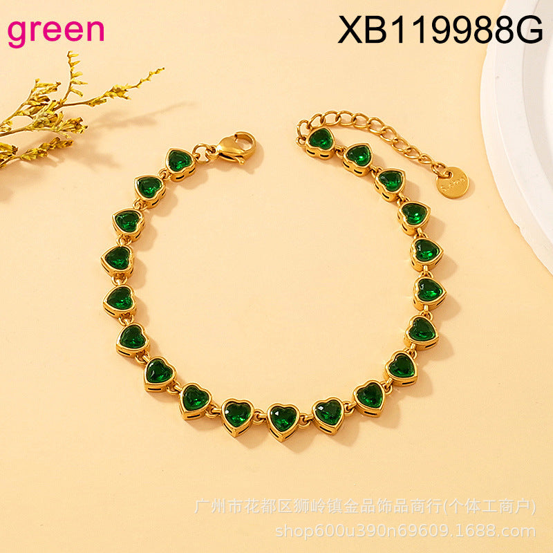 Wholesale Luxury Stainless Steel Colored Zircon Heart Bracelet