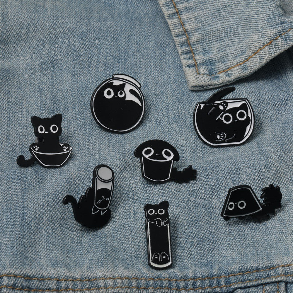 Wholesale  Cute  Cat Chest Pin Cartoon Fuzzy Little Black Cat Alloy 7 Piece Set Brooch