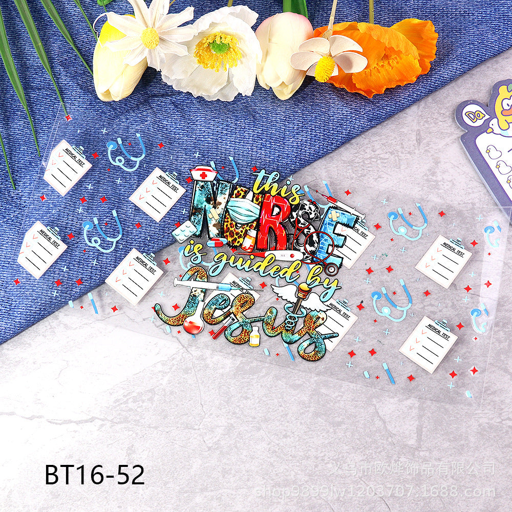 Wholesale Cartoon pencil medical UV transfer stickers crystal stickers tear film leave word crystal stickers 16oz glass stickers