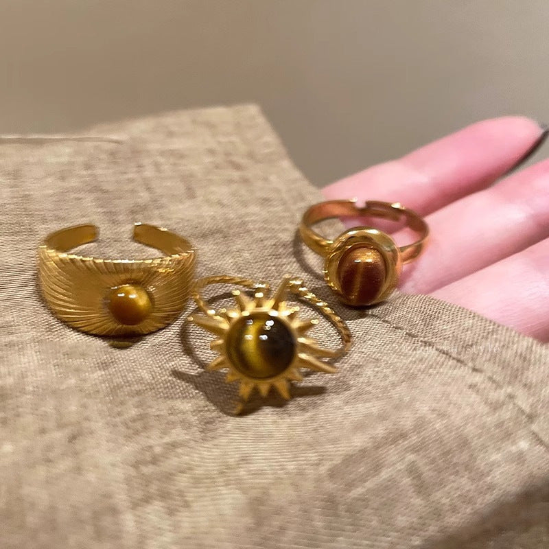 Wholesale Chic Sunflower Tiger Eye Stone Ring Women' s Alloy Electroplated Geometric Design Jewelry Accessory for Boutique Resale