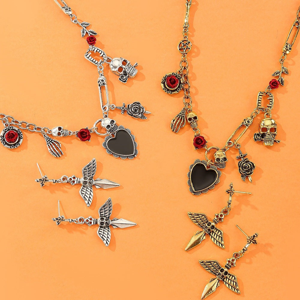 Wholesale  Punk Skull Vampire Necklace and Earrings Set Gothic Fashion Accessory Party Gift Boutique