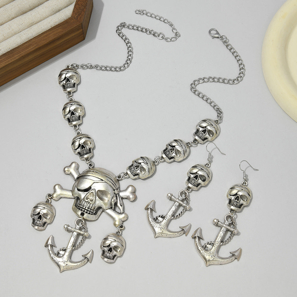 Wholesale Antique Gold Skull Punk Vintage  Jewelry Set Necklace Earrings Fashion Accessory