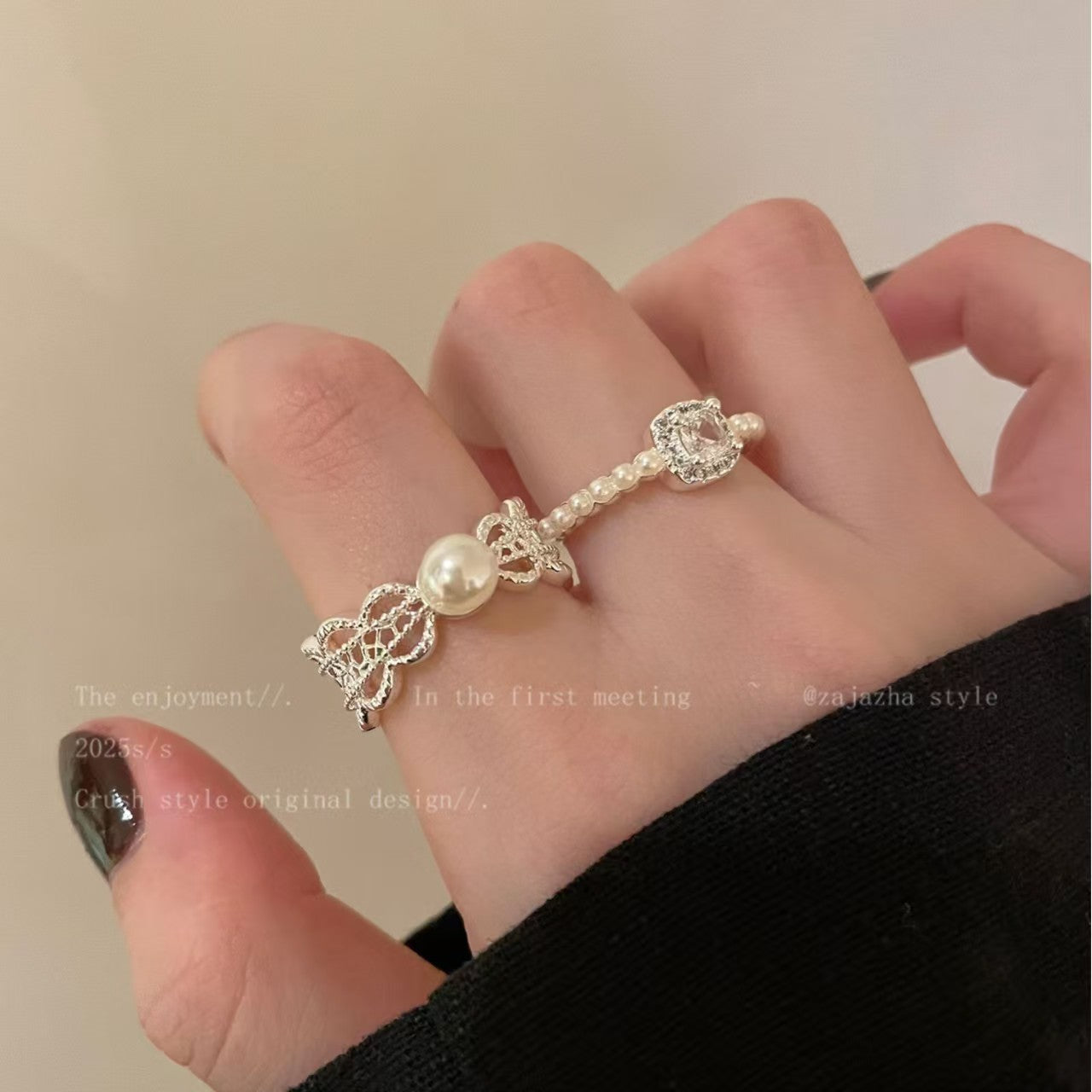 Wholesale Adjustable Lace Pearl Zircon Ring Women Star Moon Glacier Blue Design Open Ring Jewelry Gift Boutique Resale