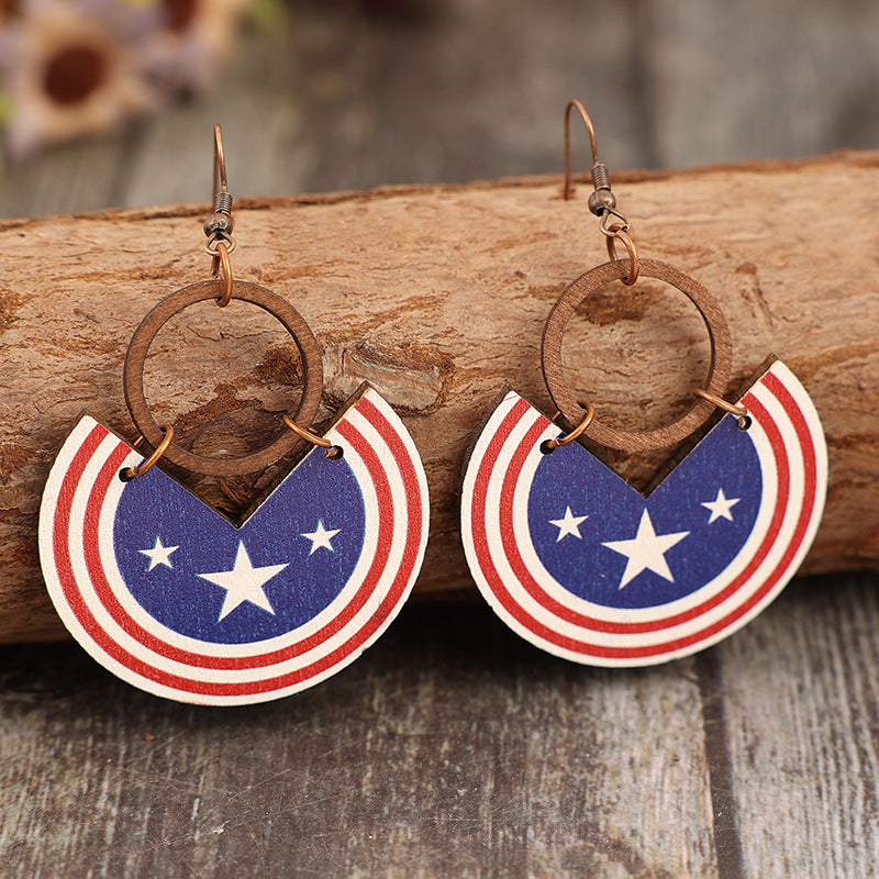 Wholesale American Independence Day semicircular striped five-pointed star wooden retro earrings