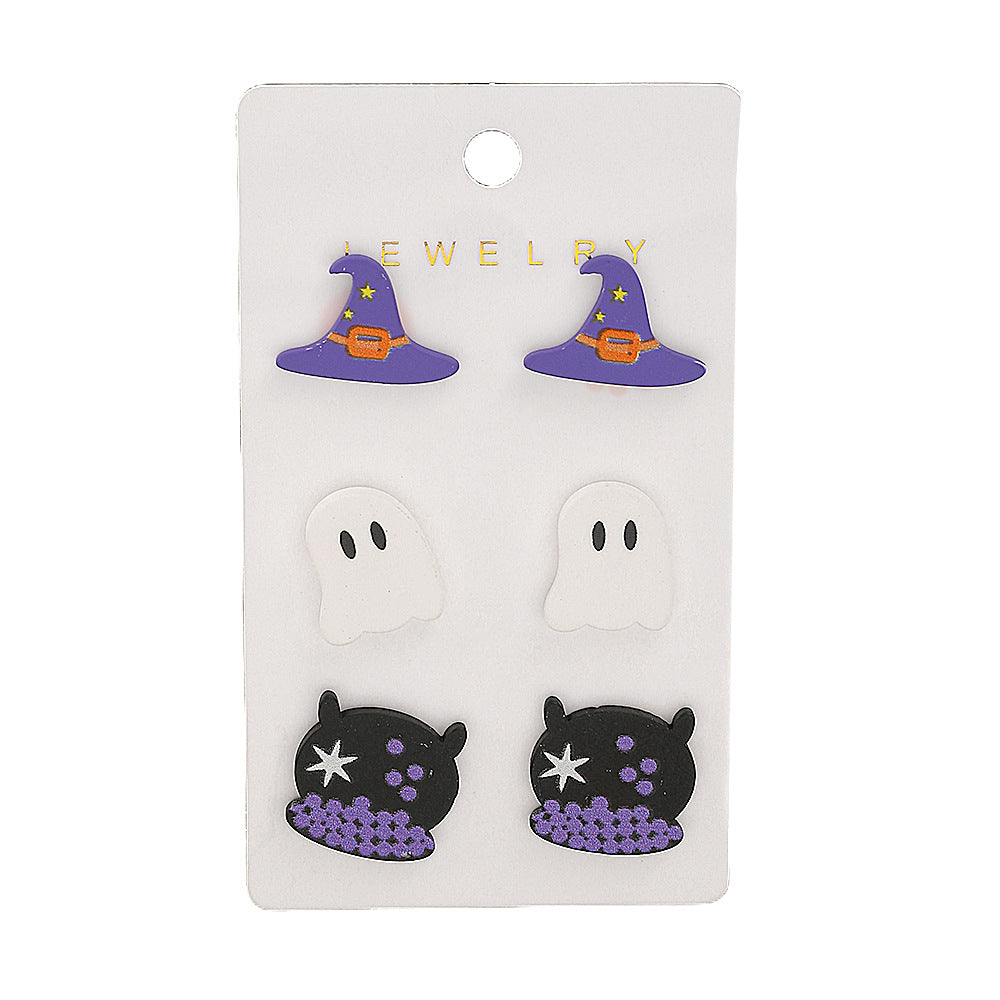 Wholesale Acrylic  Earrings - 3 Pair Set of Witch Hat and Ghost Stud Earrings for Party Wear Boutique Resale