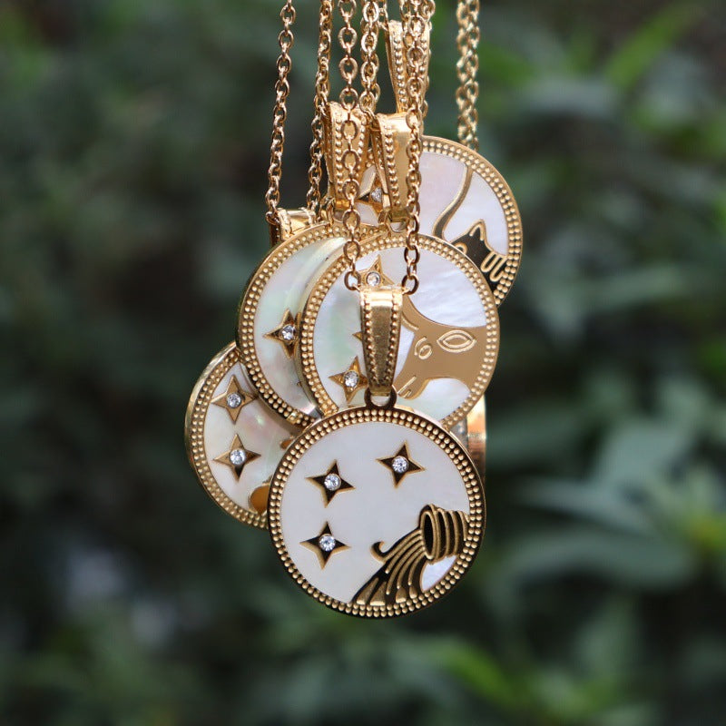 Wholesale Zodiac Diamond Round Shell Stainless Steel Pendant Necklace 18K Gold Plated