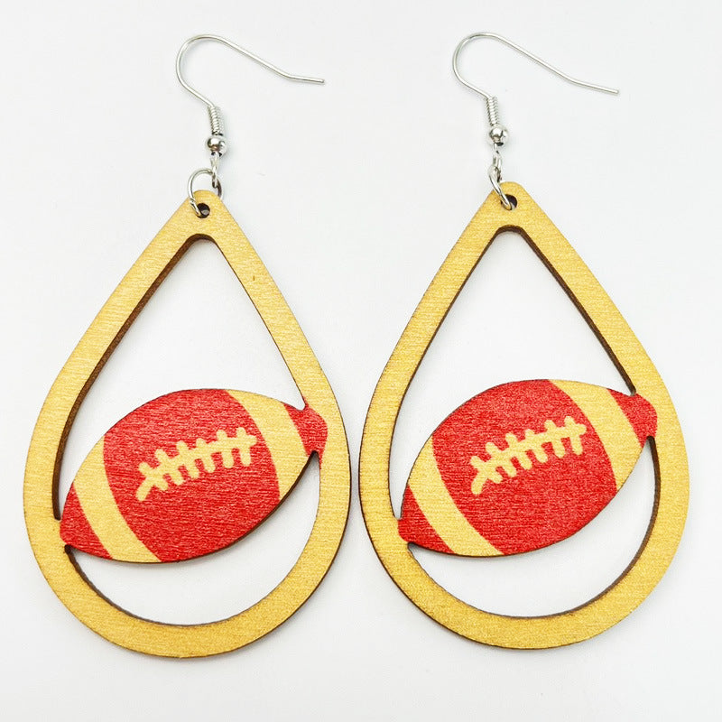 Wholesale 2pairs/pack Football Teardrop Shaped Cheerleading Sports Wooden Earrings ACC-ES-HY112