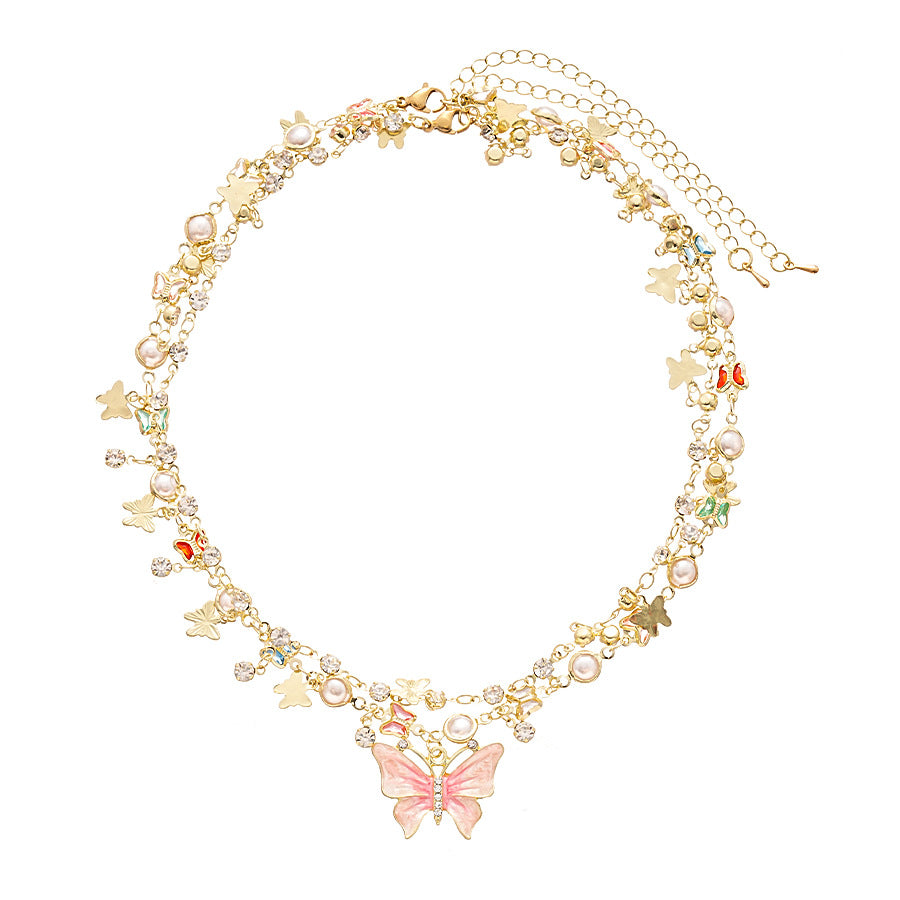 Wholesale Diamond-encrusted round pearl butterfly necklace
