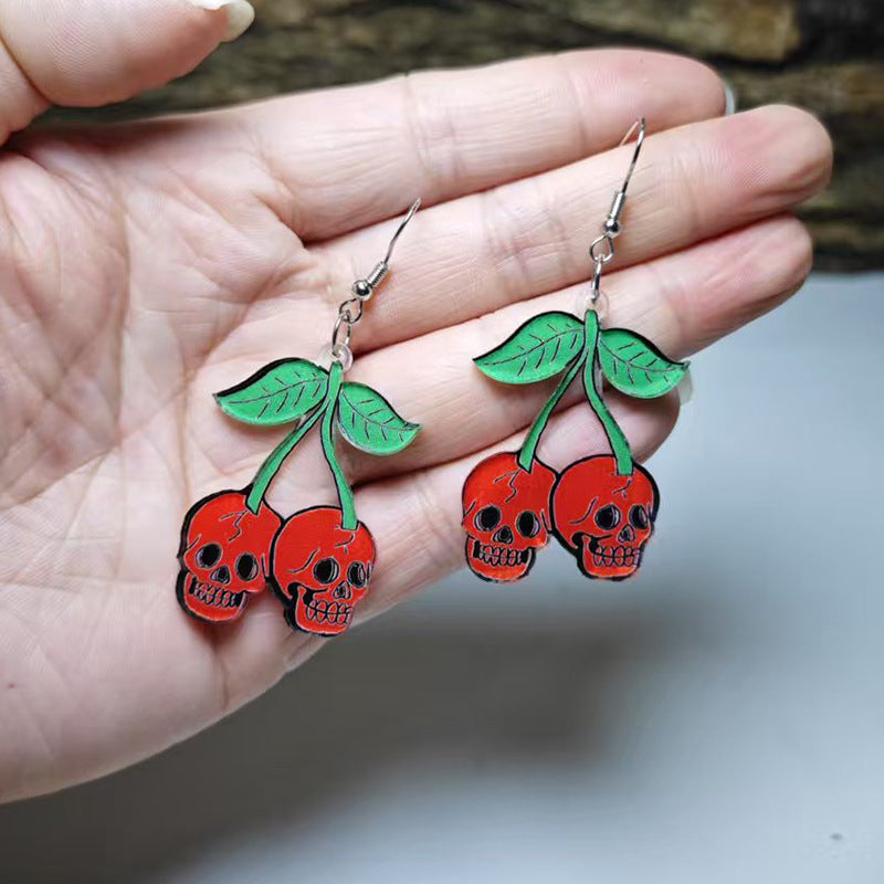 Wholesale Red Cherry Skull Halloween Earrings