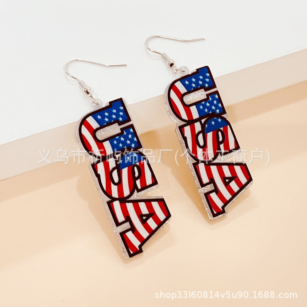 Wholesale Leather American Independence Day Earrings Red White and Blue Flag Color Love Heart Star Sun Flower Earrings ACC-ES-Qiyu001