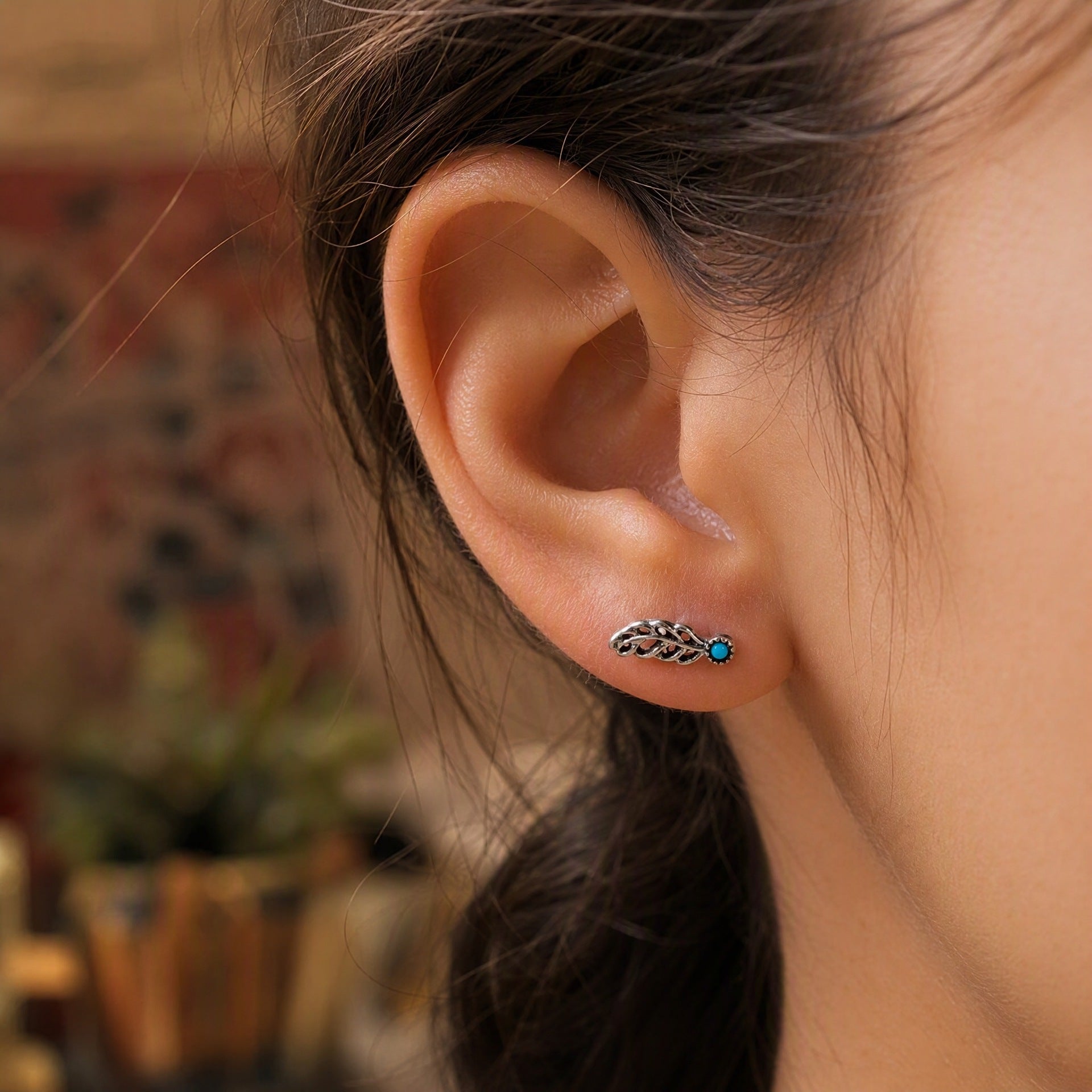 Wholesale Retro Bohemian Feather Turquoise Stud Earrings For Women Ethnic Style Boutique Resale Jewelry