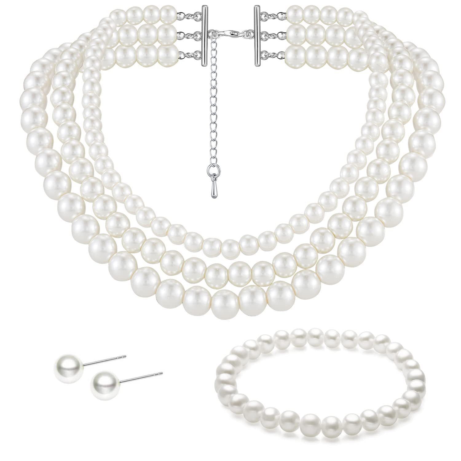 Wholesale Three-layer glass pearl necklace bracelet earrings suit