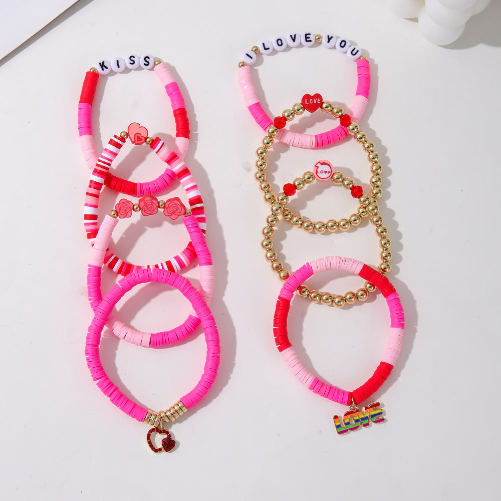 Wholesale Pink Rose LOVE Heart Shaped Bracelet Set