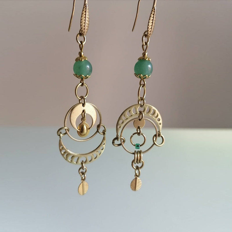 Wholesale Retro Moon Phase Hollow Alloy Earrings,  Jade Leaf Pattern,  Electroplated Finish,  Party Gift,  Boutique Resale