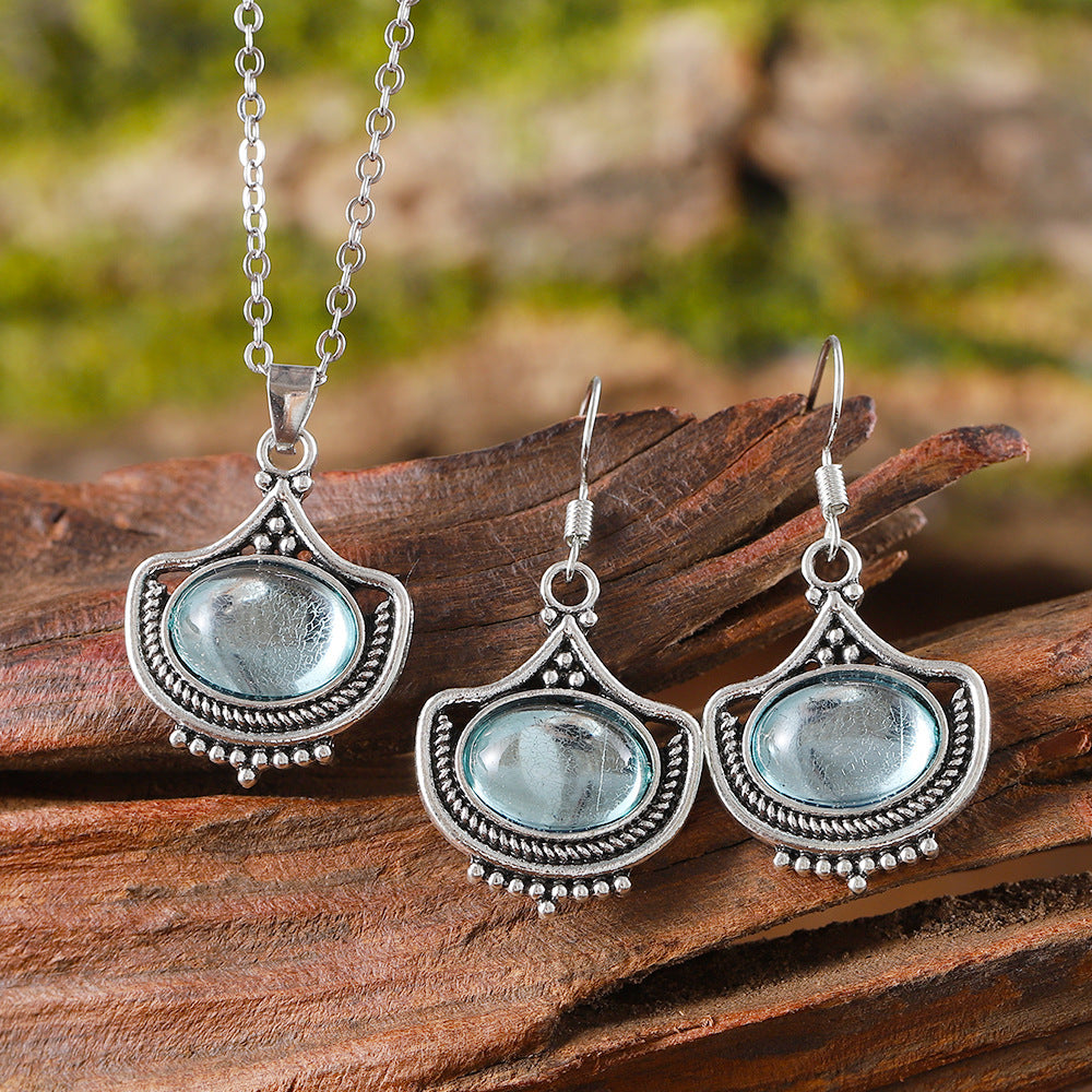 Wholesale Zinc Alloy Geometric Oval Gemstone Drop Earrings And Necklace Set Fashion Jewelry Accessory For Boutique Resale