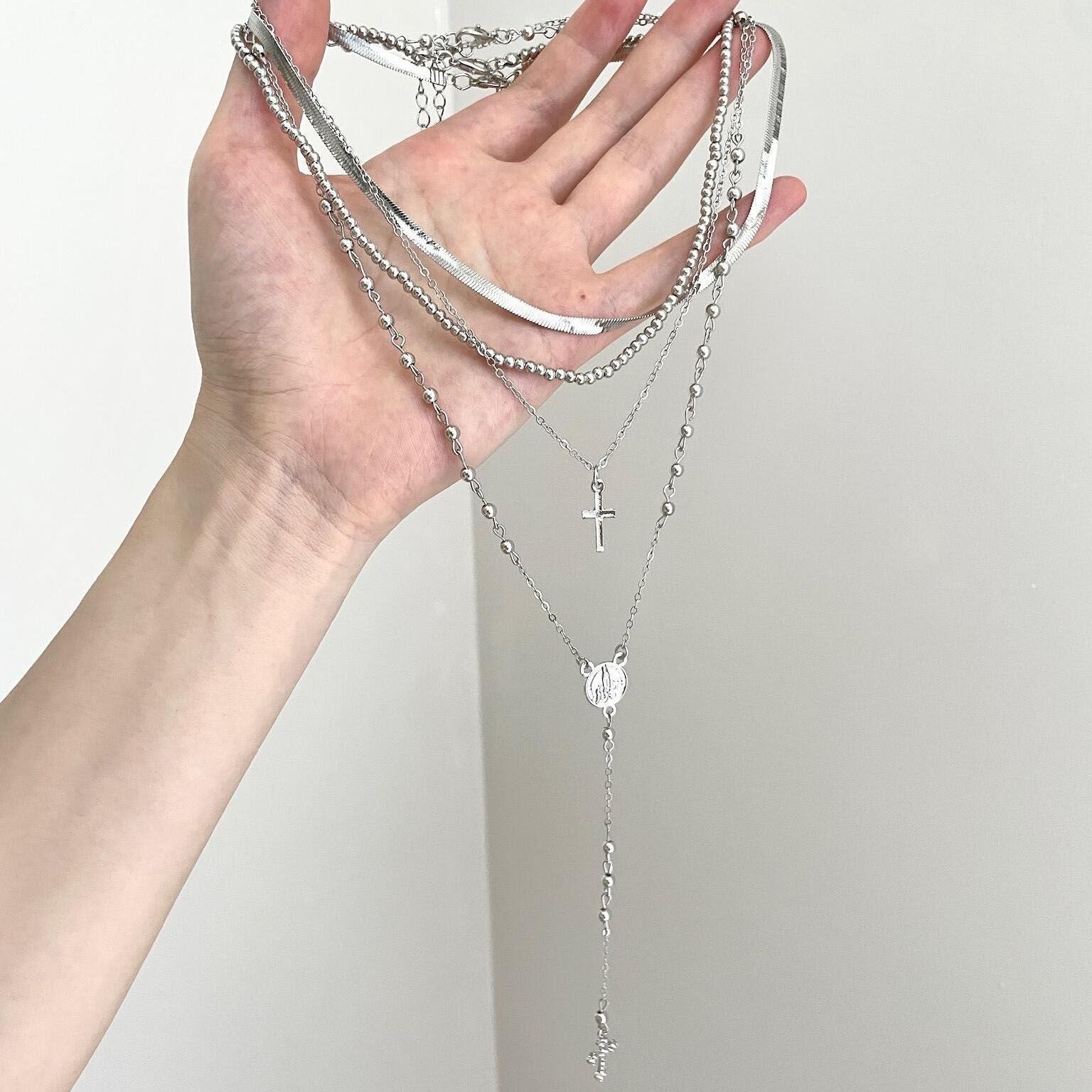 Wholesale Trendy Cross Pendant Layered Clavicle Chain Necklace Silver Tone Vintage Style Fashion Accessory For Everyday