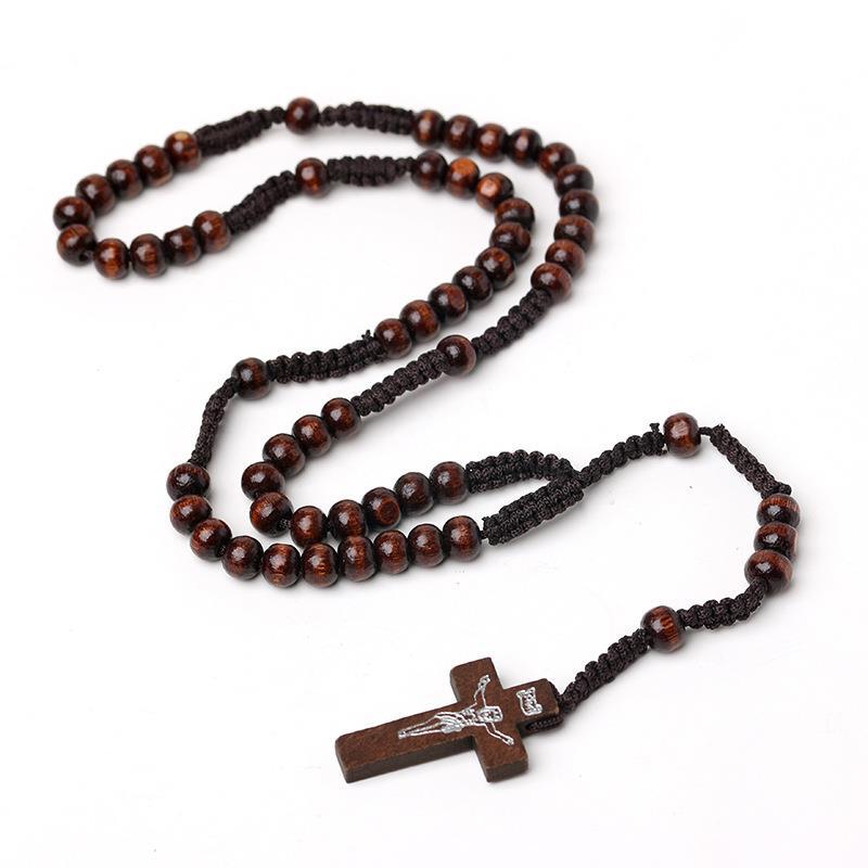 Wholesale Natural Wood Beads Cross Rosary Prayer Necklace Handwoven ACC-NE-Chengz001