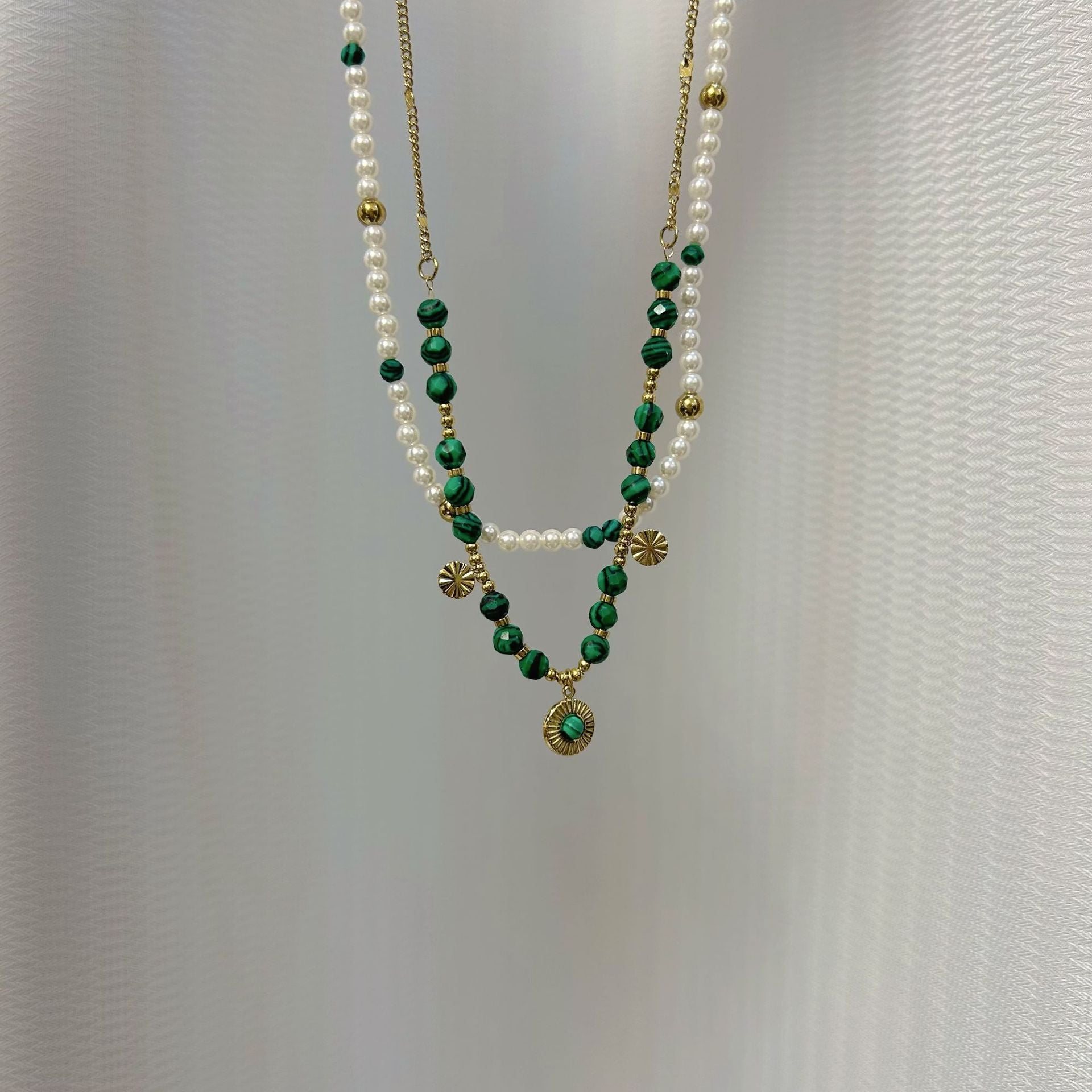 Wholesale Stainless Steel Natural Malachite Beaded Necklace Freshwater Pearl Clavicle Chain