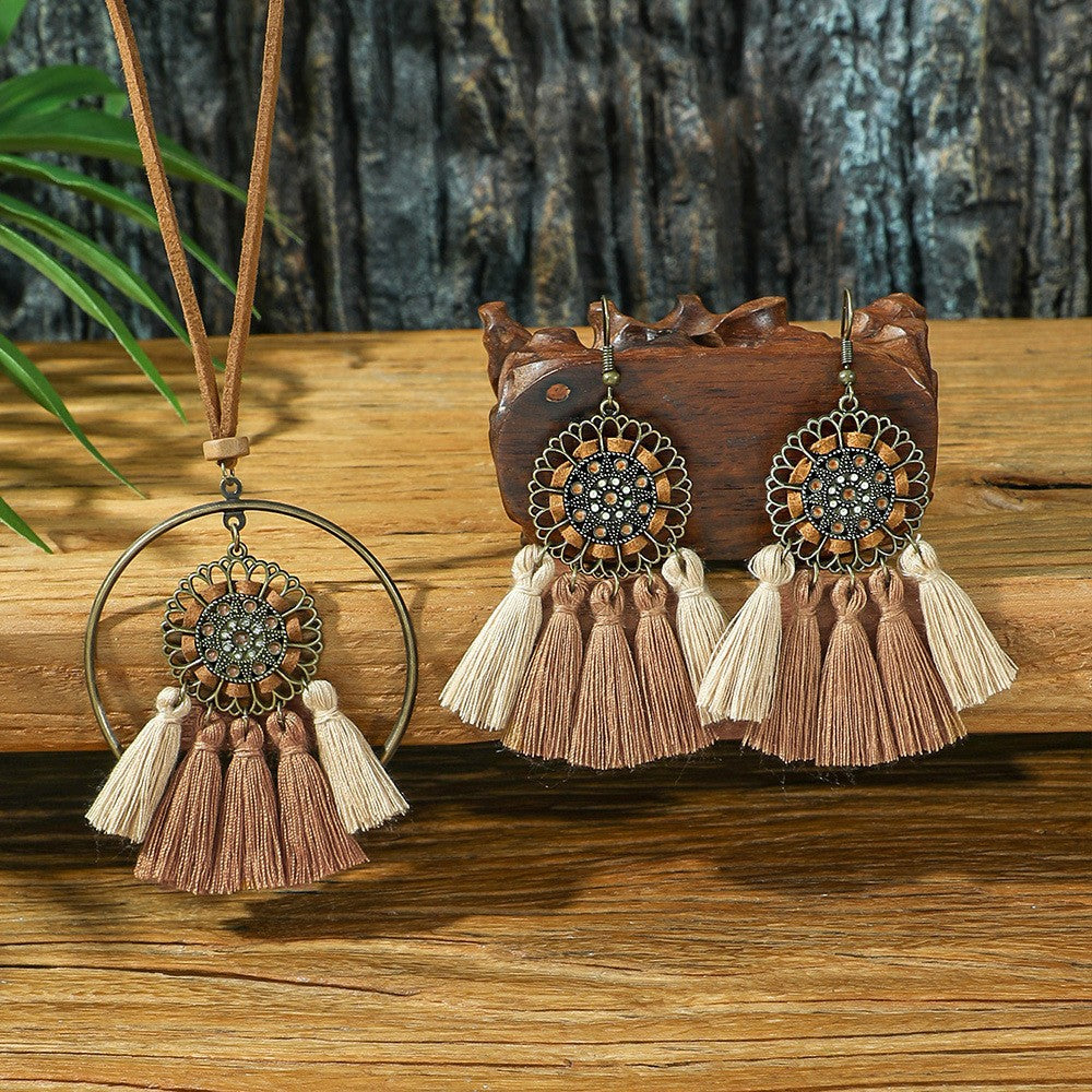 Wholesale Alloy Bohemian Handmade Braided Tassel Earrings Retro Ethnic Style Fashion Accessory
